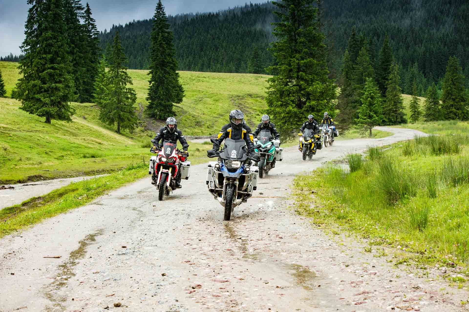 Adventure motorcycles riding through the Romanian Carpathians